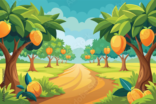 Vibrant mango grove pathway with ripe fruit