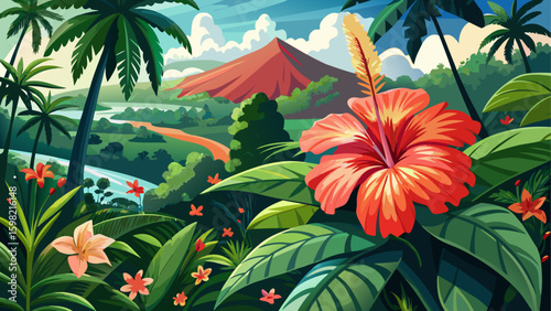 Very beautiful 
A panoramic view capturing the beauty of Puerto Rican hibiscus, amapola (Thespesia grandiflora), in full bloom amidst the tropical rainforest of El Yunque National Forest, Puerto Rico