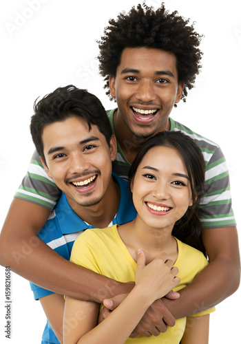 Photo: Three Happy Diverse Friends Embracing on Transparent Background