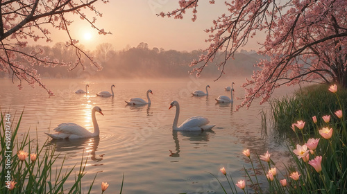 Beautiful white swans swimming on a calm lake at sunrise, with pink cherry blossoms and tulips in the foreground, creating a serene and romantic atmosphere