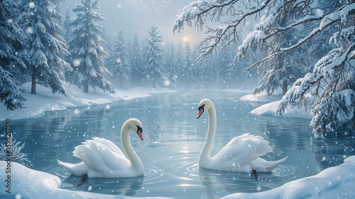 Beautiful white swans swimming on a frozen lake in a snowy forest with trees in a snowfall, creating a magical winter wonderland