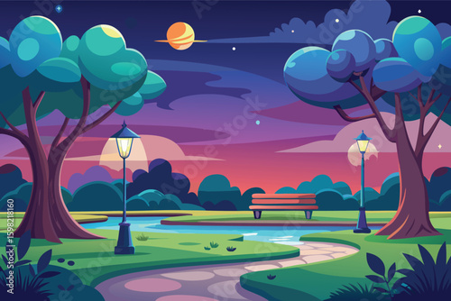 Enchanting twilight park scene with glowing lanterns and serene pond