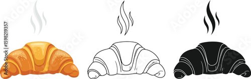 Fresh croissant vector illustration set of bakery item with steam and outline