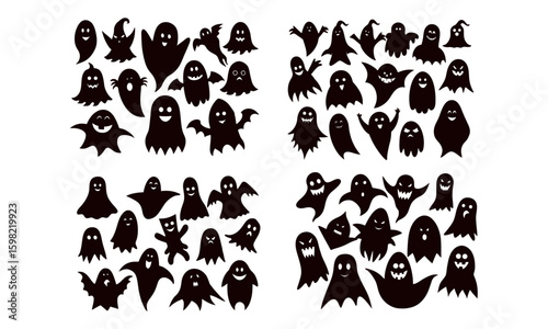 Set of black spooky ghost silhouettes.