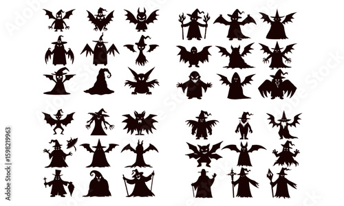 Set of black spooky ghost silhouettes.