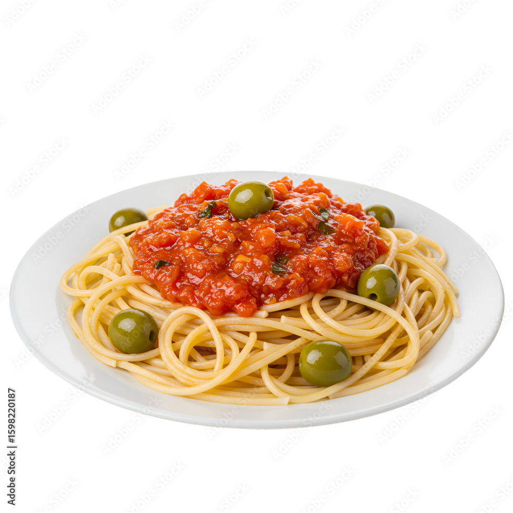 Isolated Photo Spaghetti with Tomato Sauce and Olives on White Plate Isolated Photo Spaghetti with Tomato Sauce and Olives on White Plate