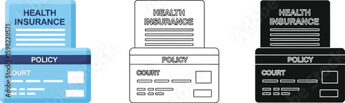 Health insurance policy document and court card vector illustration set