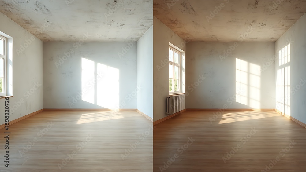 Obraz premium Architectural visualization comparing a worn room to its renewed version with natural lighting.