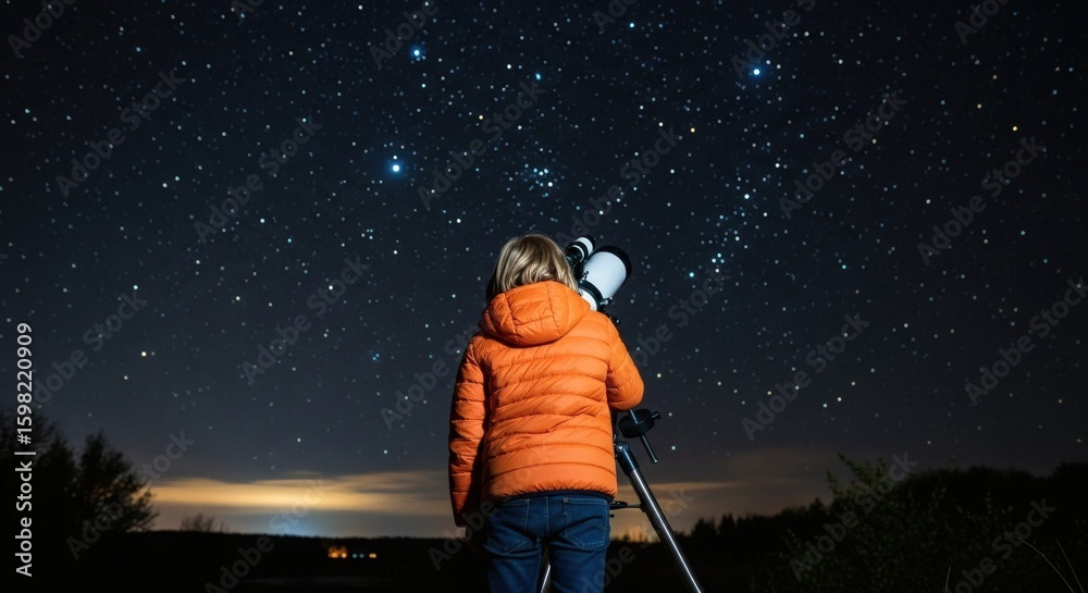 Naklejka premium Boy observing starry sky with a telescope at night. Astronomy for education. Child learning cosmos, space science.