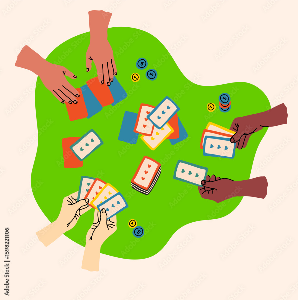 Creative board game hobbies. Human arms actively playing a tabletop game. Game elements like dice, cards, and pawns. Fun social activity. Vector illustration