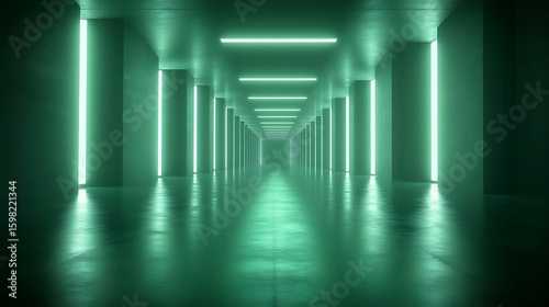 Illuminated Endless Corridor with Green Neon Lights and Perspective View