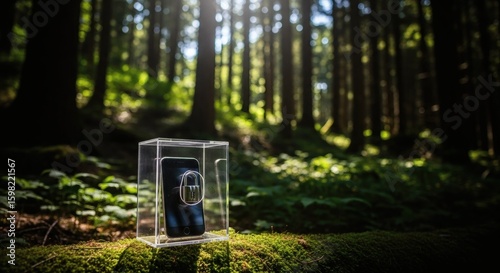 Smartphone with a padlock inside a transparent box, secured on a mossy log in a forest. Digital detox and disconnection nature concept.