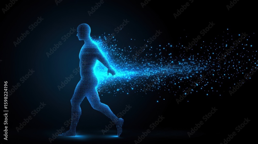 Naklejka premium Digital Human Figure in Motion with Sparkling Energy Trail Effect
