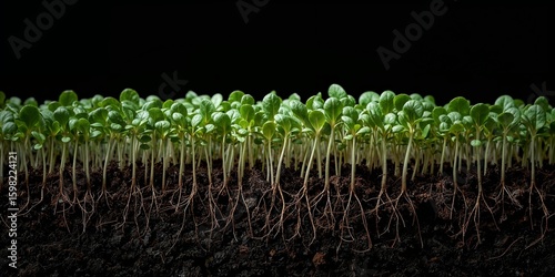 Close up of young plants growing in soil with visible roots on a black background in a studio shot