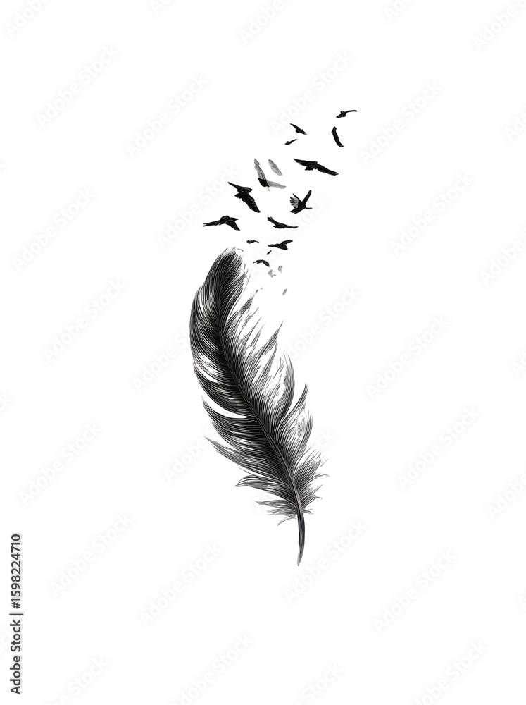 Fototapeta premium Dark gray feather, particles swirling