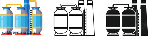 Industrial plant vector illustration: factory, storage tanks, and chimney icons