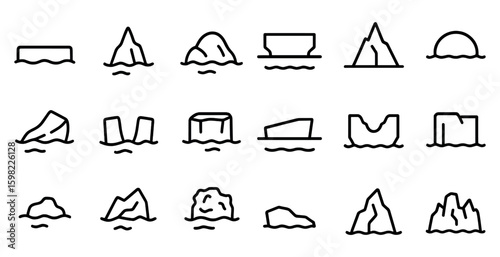 Iceberg outline icons set – silhouette, solid, glacial and frozen symbols