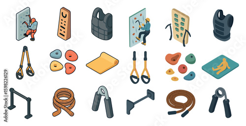 Rock climbing icons set – isometric, fitness, adventure and mountaineering symbols