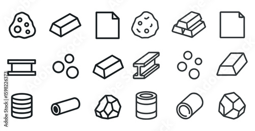 Mining and metallurgy outline icons set – linear, industry, resource symbols