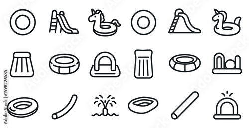 Pool and water fun icons set – outline, linear, summer and swim activity symbols