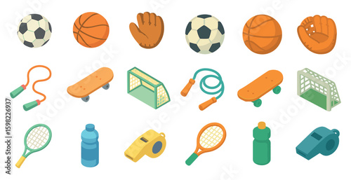 Sports and fitness isometric icons set – playful, vector, exercise and activity symbols
