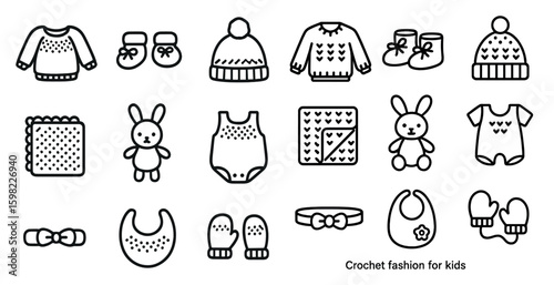 Crochet fashion icons set – outline, linear, baby clothing and accessories