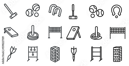 Outdoor games outline icons set – flat, line, leisure and recreation symbols