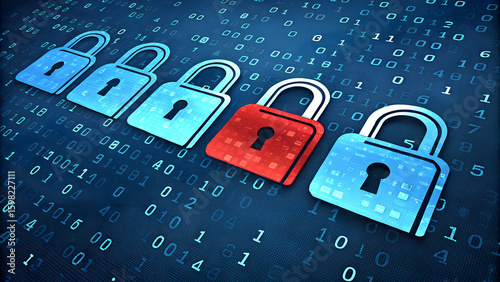Cybersecurity Data Breach Concept with Red Lock Among Secure Blue Locks