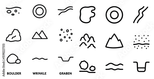 Geological line icons set – flat, outline, earth science and terrain symbols
