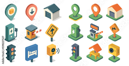 Map and navigation icons set – isometric, 3d, location and direction symbols