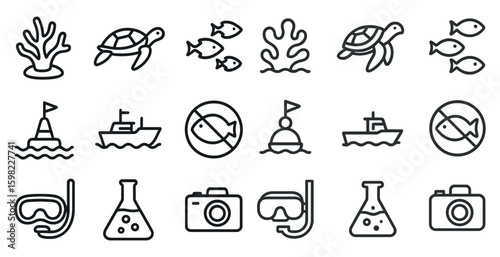 Marine life outline icons set – aquatic, sea creatures, ocean symbols