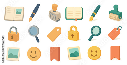 Office supplies icons set – flat, filled, stationery and work tools collection