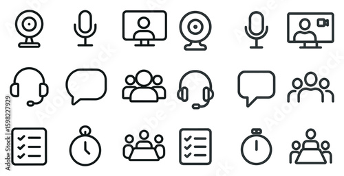 Communication and chat linear icons set – outline, microphone, video call symbols