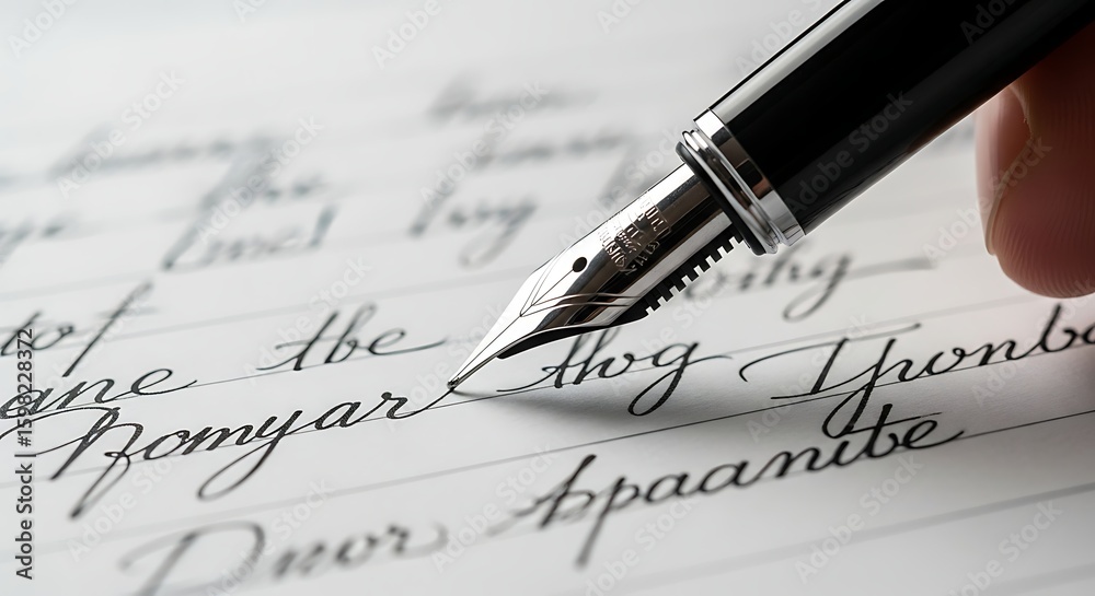 Fototapeta premium Close up of a fountain pen writing elegant cursive script on paper