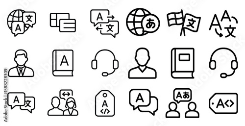 Translation and language outline icons set – flat, line, multilingual communication symbols