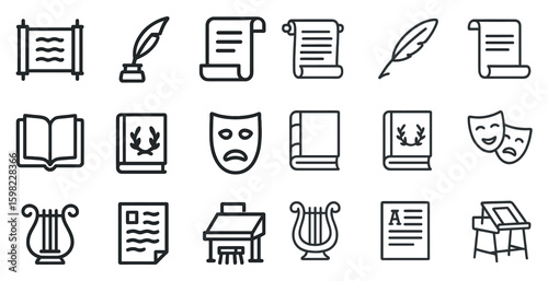 Literary and writing outline icons set – linear, book, quill and manuscript symbols