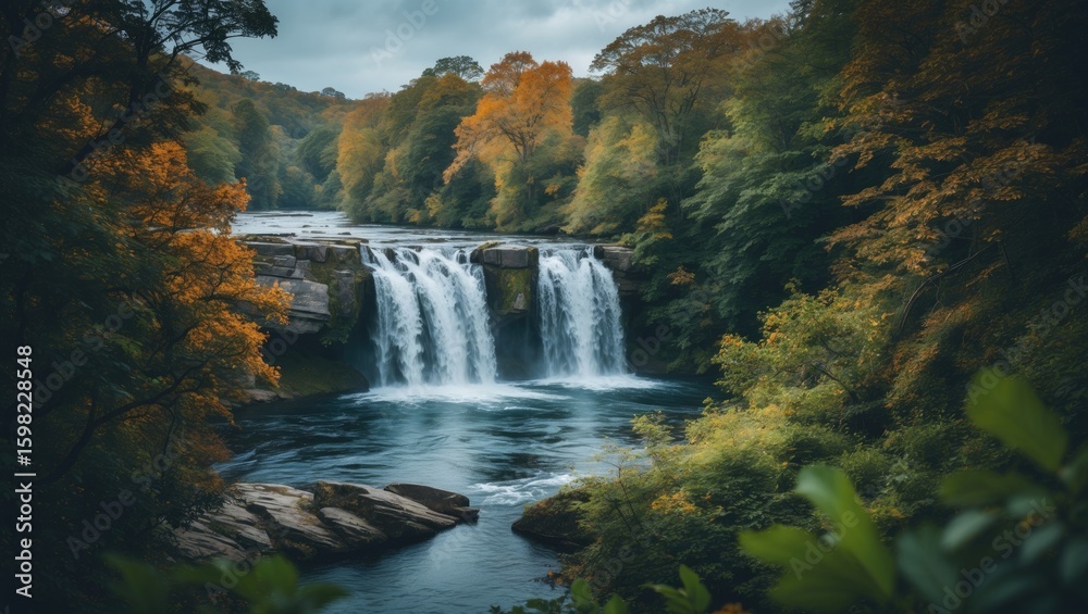 Obraz premium Autumn landscape of a waterfall on a river with colorful trees and rocks, scenic nature view in the forest.