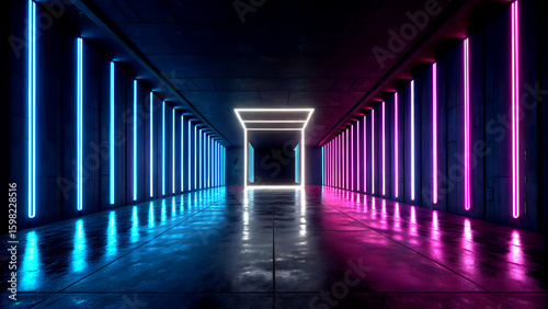 futuristic neon tunnel with blue and pink lights in symmetrical sci-fi corridor interior