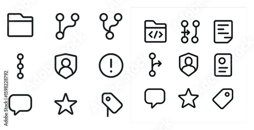 Code repository outline icons set – linear, silhouette, programming symbols