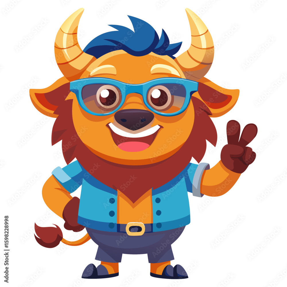 Naklejka premium Vibrant 3D render Smiling full body character of Bison with sunglasses making a peace sign