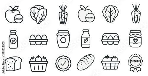 Organic food outline icons set – line, flat, health and natural product symbols