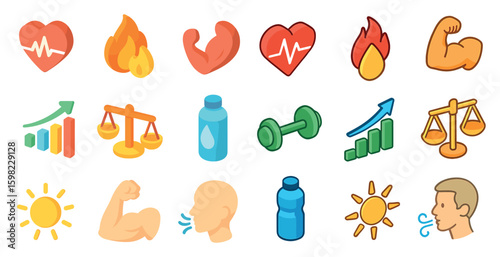 Health and fitness icons set – filled, solid, wellness and exercise symbols