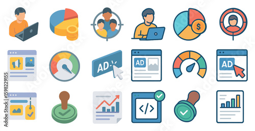 Marketing and analysis icons set – flat, filled, business and data tracking visuals