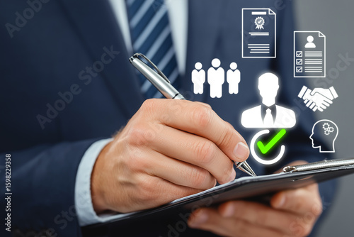 Man in business suit signing clipboard with virtual icons of profile, checklist, agreement, and green check mark. recruitment and candidate approval process, generative ai