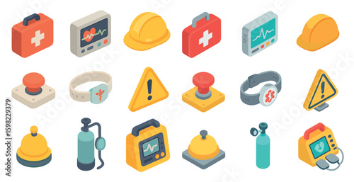 Medical and safety isometric icons set – healthcare, emergency, warning symbols