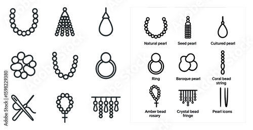 Jewelry and accessories outline icons set – linear, silhouette, bead and gem symbols