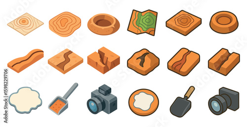 Earth layers isometric icons set – 3d, geology, topography and terrain symbols