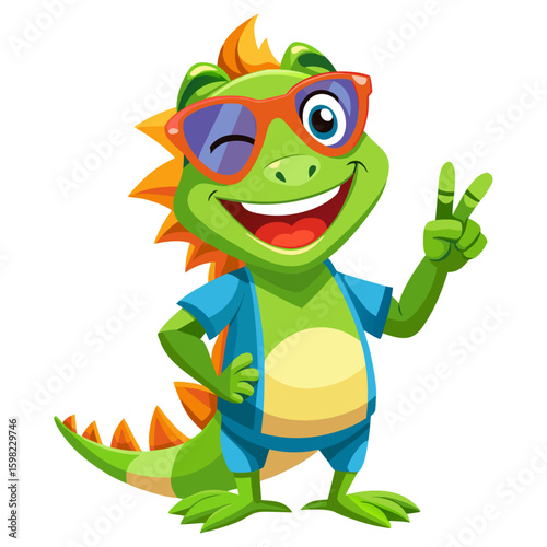Vibrant 3D render Smiling full body character of Iguana with sunglasses making a peace sign