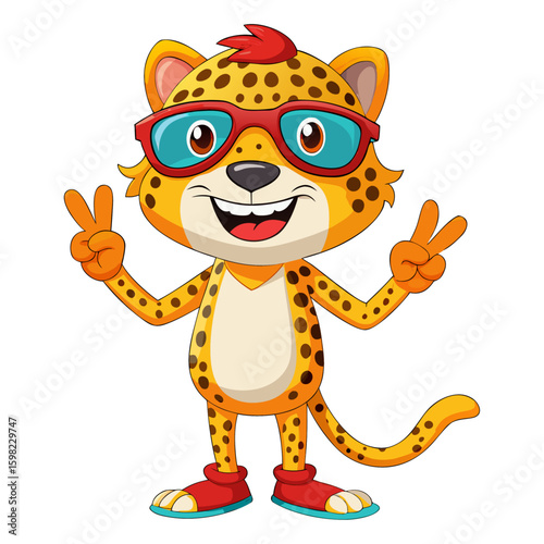 Vibrant 3D render Smiling full body character of Jaguar with sunglasses making a peace sign