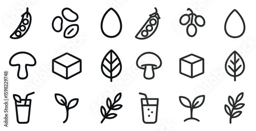 Food and nutrition line icons set – outline, healthy eating and plant-based symbols